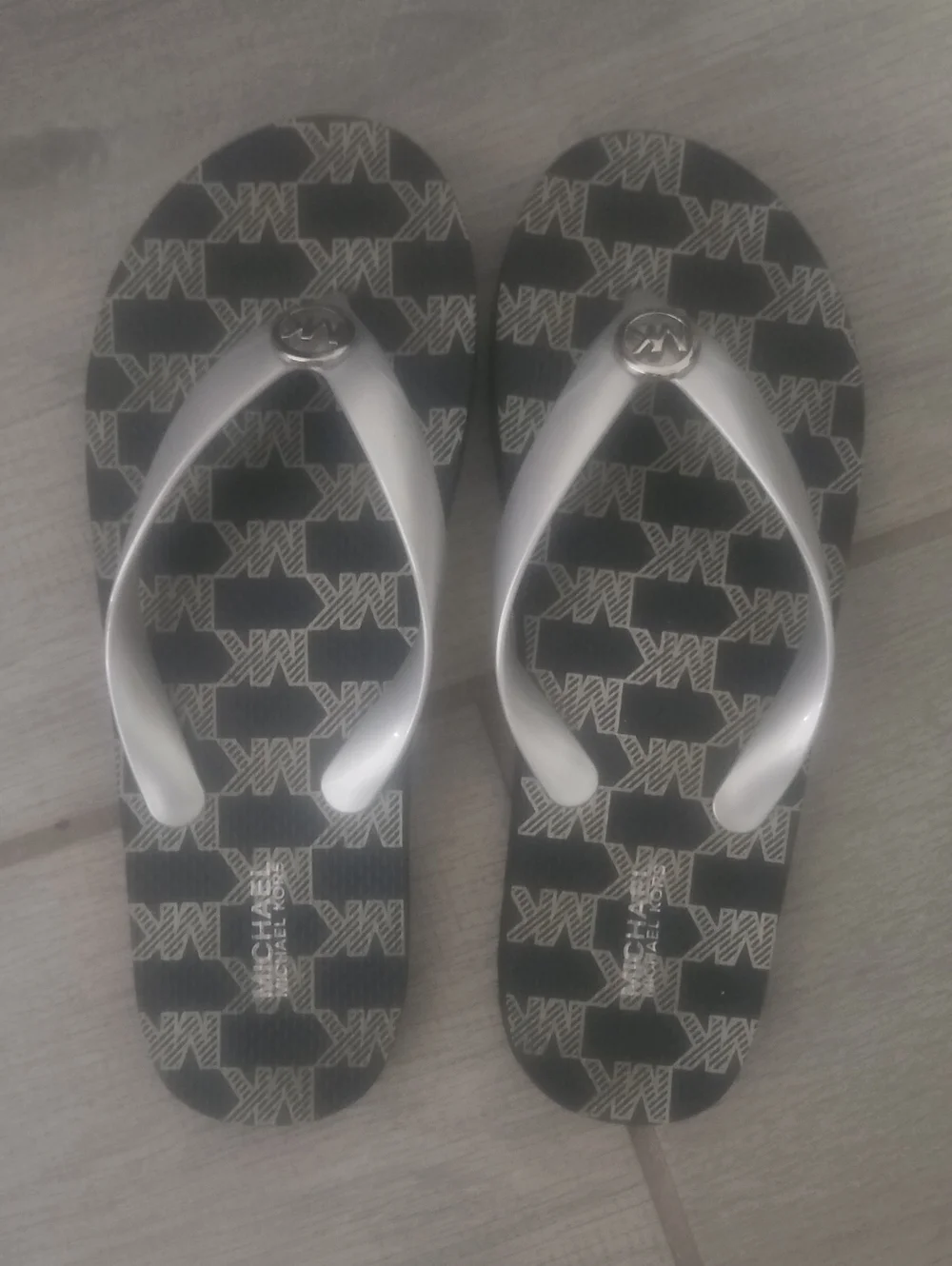 Michael Kors Black Logo-Print Flip Flops with Silver Straps